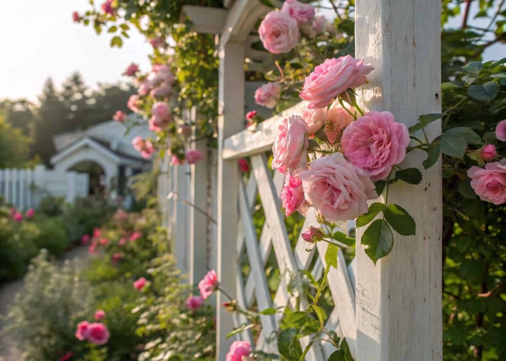 Close-up of lush pink climbing roses growing on a white wooden trellis in a garden, soft sunlight, romantic cottage garden style, detailed petals, photorealistic photography.