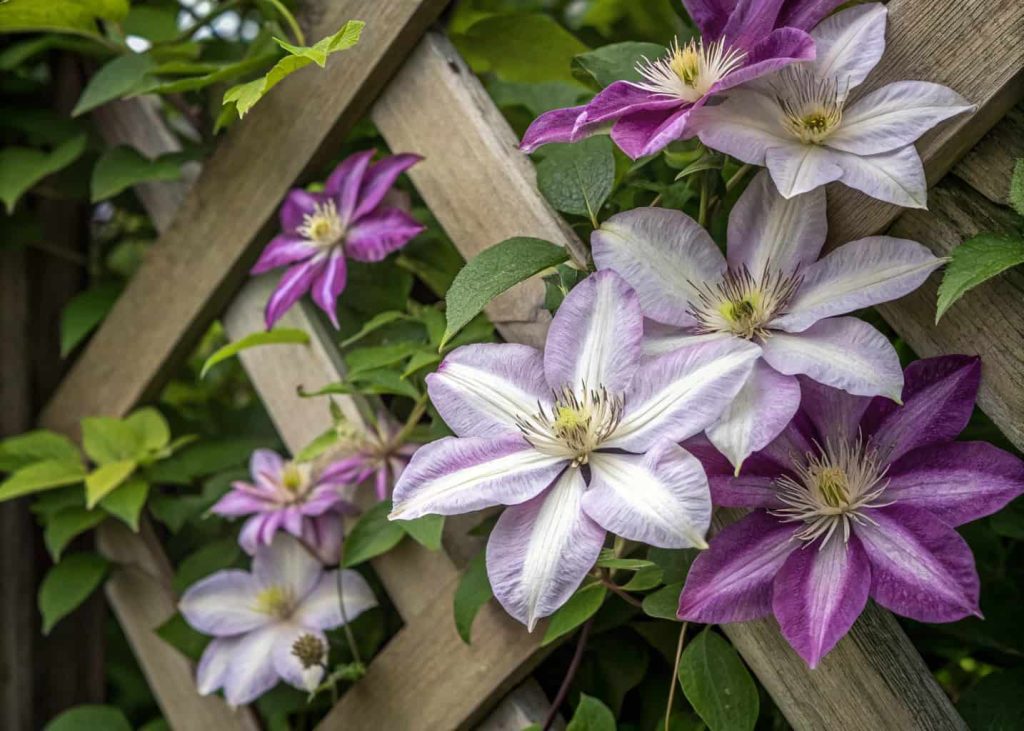 Purple and white clematis flowers blooming densely on a wooden garden trellis, green leaves background, soft natural lighting, close-up botanical photography style, detailed flower petals.