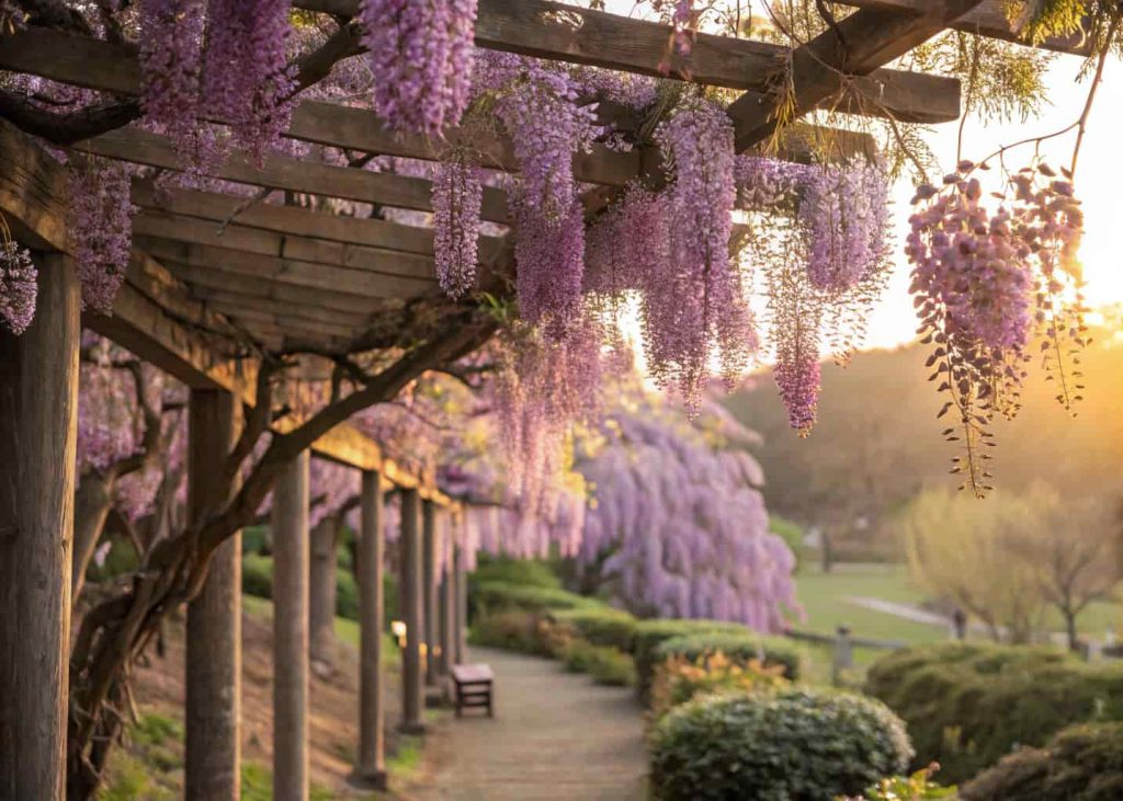 Cascading purple wisteria flowers hanging from a wooden trellis pergola in full bloom, dreamy spring garden, golden morning light filtering through, bokeh background, landscape photography.