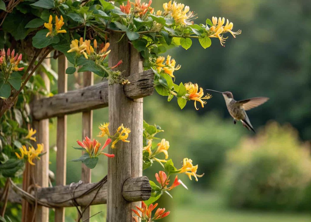 Honeysuckle vines with yellow and orange tubular flowers climbing a rustic wooden trellis, hummingbird hovering nearby, lush green garden background, warm summer light, nature photography.