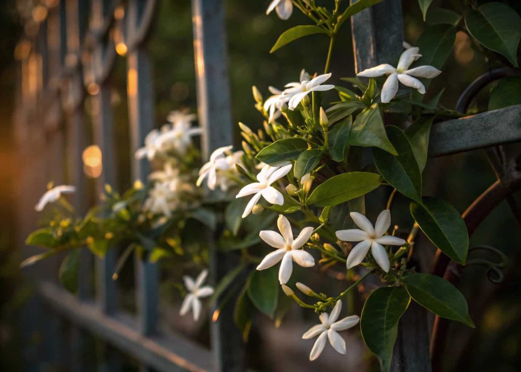 White star jasmine flowers blooming profusely on a metal garden trellis at dusk, soft warm lighting, rich green foliage, romantic evening garden atmosphere, macro close-up photography.