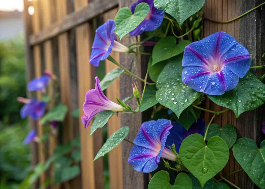 Vivid blue and purple morning glory flowers climbing a wooden fence trellis, bright morning sunlight, dew drops on petals, green heart-shaped leaves, fresh summer garden photography.
