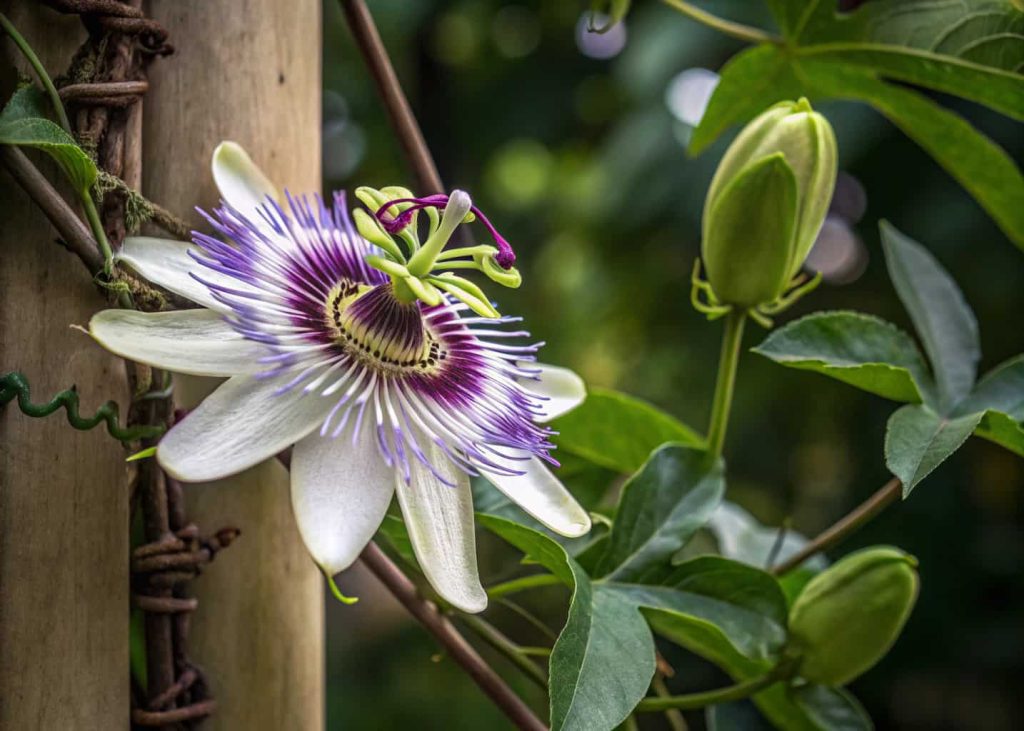 Exotic passionflower Passiflora caerulea in full bloom on a garden trellis, intricate purple and white flower details, tropical botanical style, close-up macro photography, lush green foliage background.
