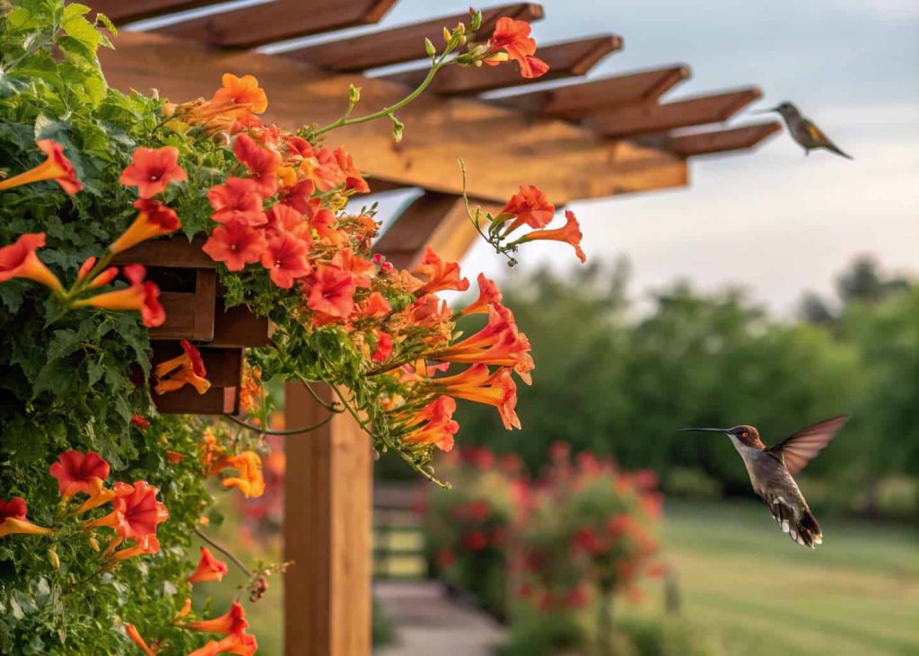Vibrant orange and red trumpet vine flowers growing on a wooden garden pergola, hummingbirds visiting blooms, sunny summer afternoon, bright garden landscape photography, detailed botanical image.