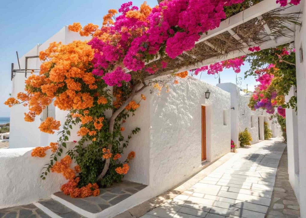 Brilliant magenta and orange bougainvillea plant cascading over a white stucco wall trellis in a Mediterranean garden, bright sunshine, vivid colors, warm summer day, travel photography aesthetic.