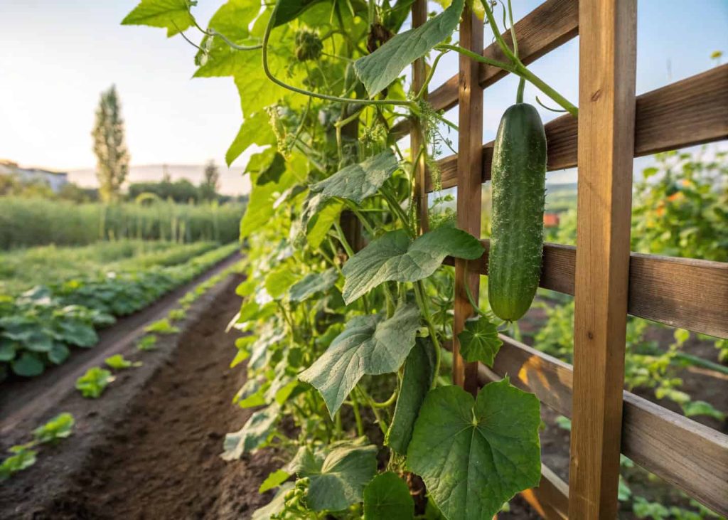  Fresh green cucumber plants climbing a wooden garden trellis, hanging cucumbers visible among lush leaves, vegetable garden setting, bright summer daylight, organic farming photography style.