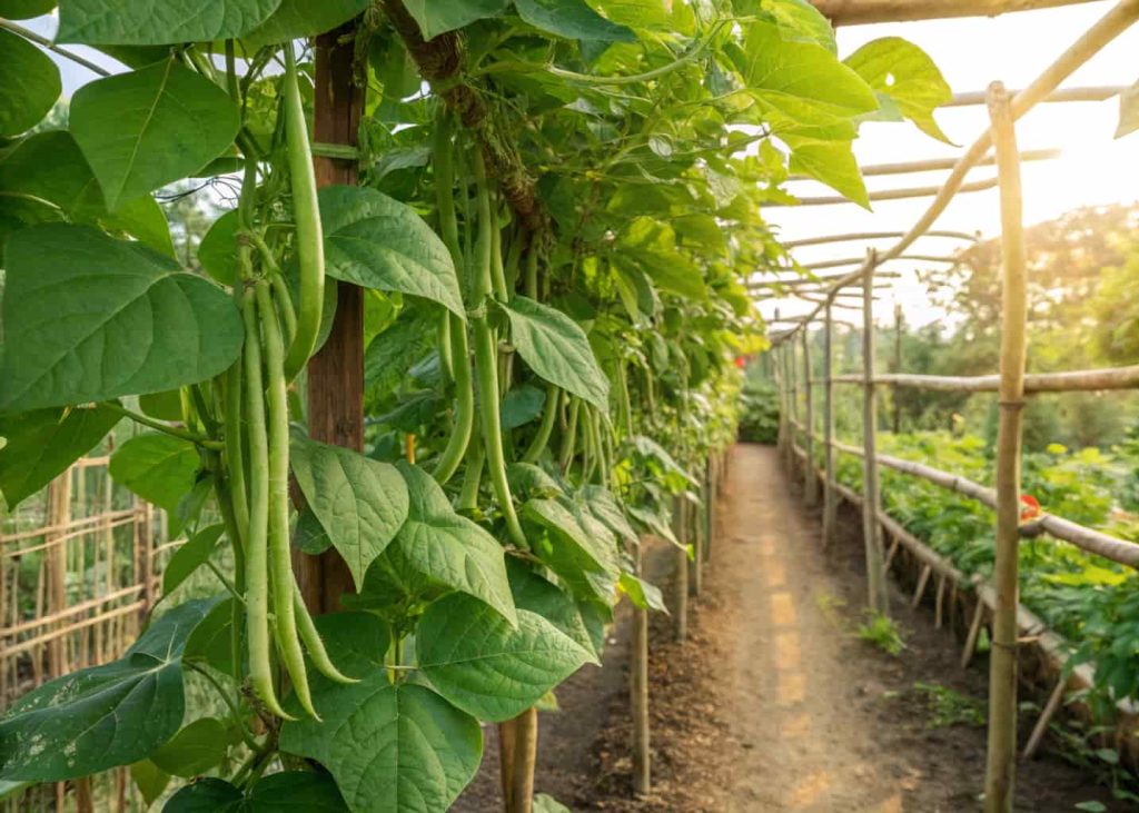 Green pole bean plants growing on a bamboo trellis frame in a vegetable garden, ripe beans hanging among green leaves, organic garden setting, bright natural light, food photography style.