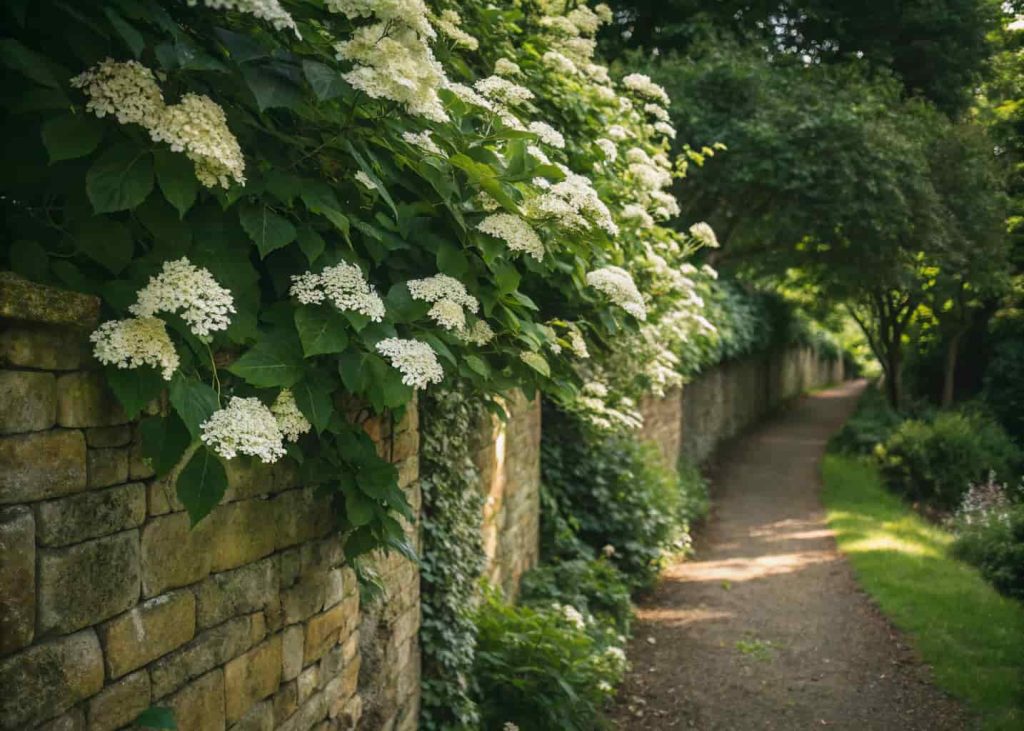 Climbing hydrangea with white lacecap flower clusters covering a stone garden wall trellis in dappled shade, elegant botanical photography, lush green leaves, soft diffused natural lighting.