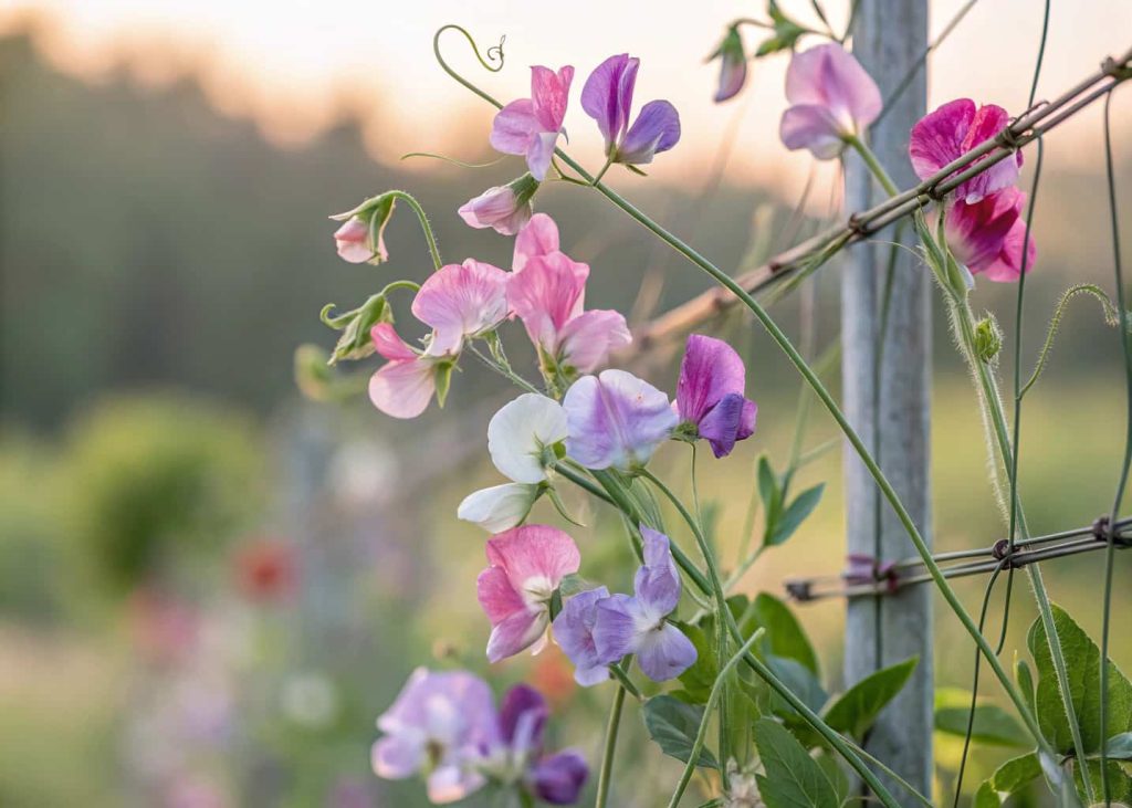Colorful sweet pea flowers in pink, purple and white climbing a wire trellis in a cottage garden, pastel spring light, delicate petals and tendrils, soft bokeh background, botanical garden photography.