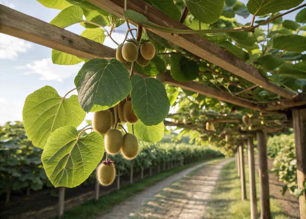 Hardy kiwi vine with lush green leaves and small kiwi fruits hanging from a strong wooden trellis structure in a sunny garden, organic orchard style, natural daylight, photorealistic food garden photography.