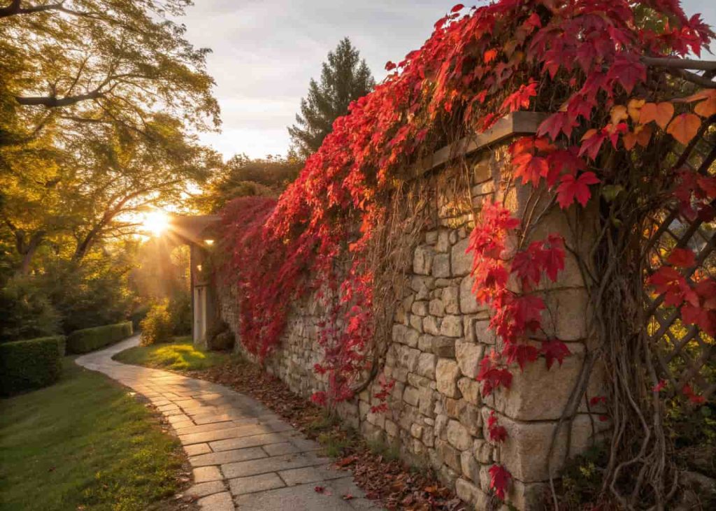 Virginia creeper vine in full autumn foliage transformation, brilliant scarlet and crimson red leaves covering a stone wall trellis, fall season garden photography, golden afternoon sunlight, dramatic landscape imagery.