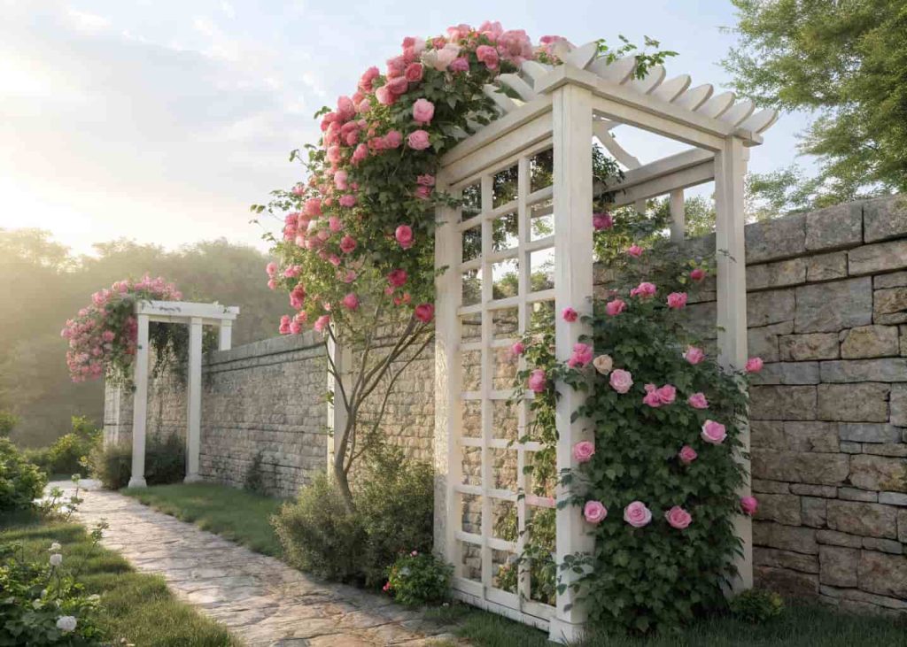 A classic white wooden lattice trellis covered in blooming pink roses against a garden stone wall, soft natural sunlight, lush green background, photorealistic style.