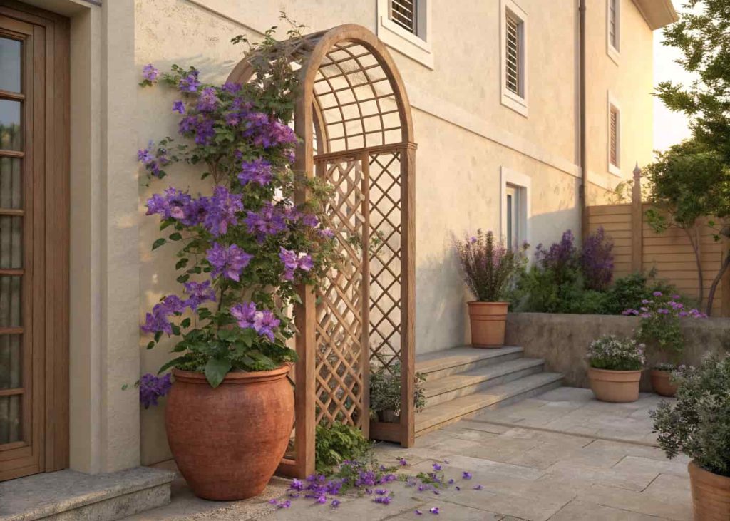 A fan-shaped wooden garden trellis in a terracotta pot with purple clematis climbing up, garden patio background, warm afternoon light, detailed photorealistic image.