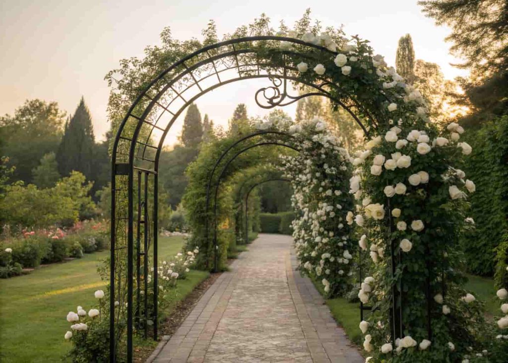 A black wrought iron arch trellis covered in cascading white roses forming a garden pathway entrance, lush green garden on both sides, golden hour lighting, high-detail photography.