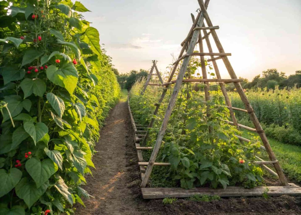 A rustic wooden A-frame trellis in a vegetable garden with green bean vines climbing up both sides, sunlit raised bed garden, summer setting, natural photorealistic photography style.
