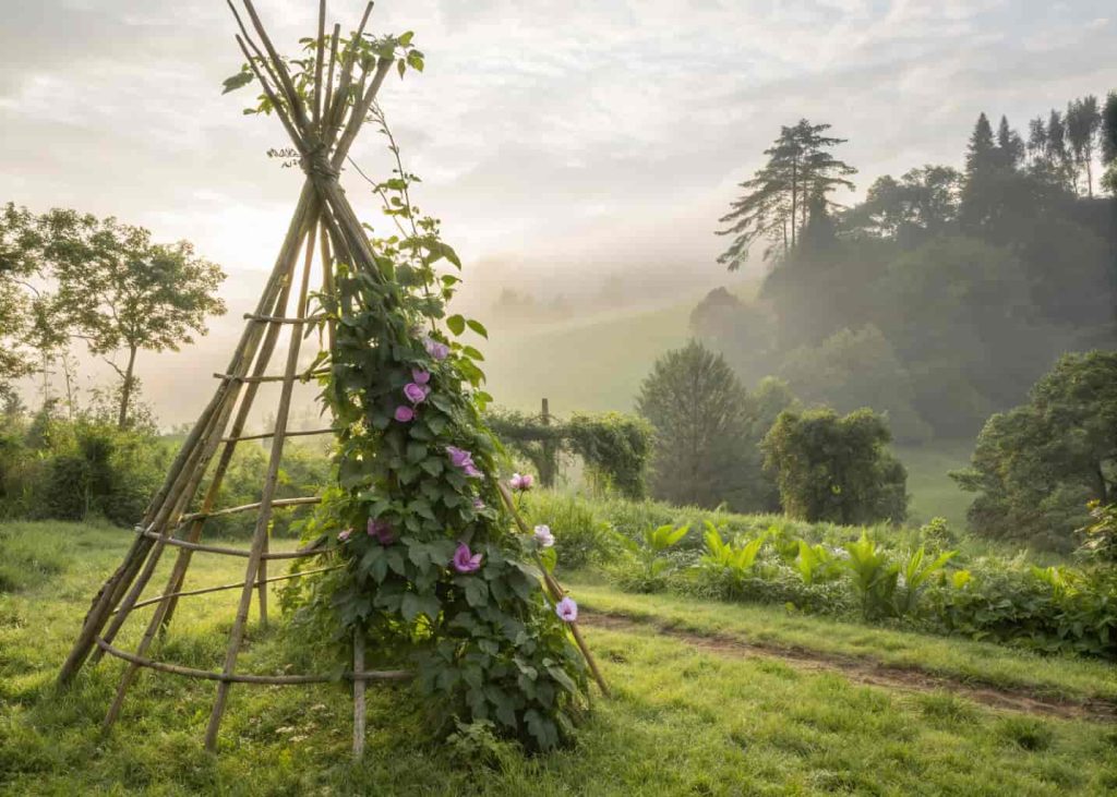 A handmade bamboo teepee trellis in a lush green garden with climbing passion flowers wrapping around it, earthy natural tones, soft diffused daylight, organic garden photography.