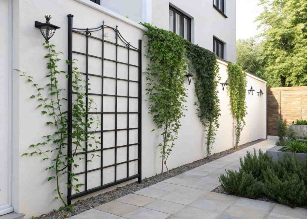 A decorative black metal trellis panel mounted on a white garden wall with green ivy spreading across it, modern urban garden setting, clean and stylish photography, natural lighting.