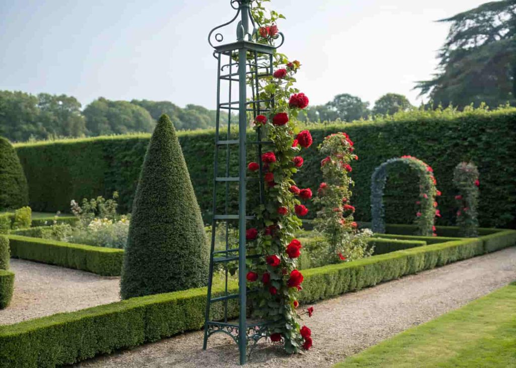 An elegant dark green metal obelisk trellis in a formal English garden border with deep red climbing roses spiraling upward, lush hedges in background, bright daylight, professional garden photography.