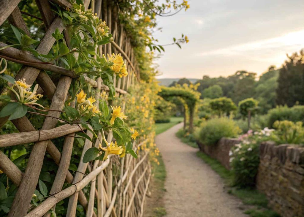 A handwoven willow diamond-pattern trellis in a cottage garden with yellow honeysuckle flowering through it, warm summer afternoon, earthy natural aesthetic, high-detail photography style.