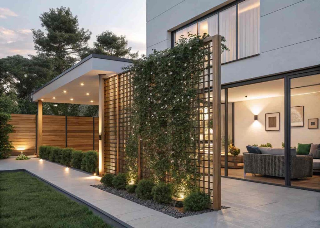 A tall wooden privacy screen trellis covered in dense star jasmine on a modern outdoor patio, contemporary garden furniture nearby, clean architectural design, warm evening lighting, lifestyle photography.