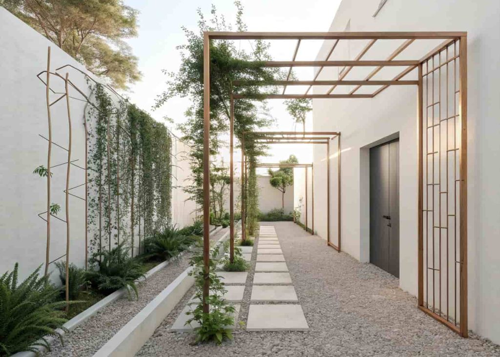 A geometric copper pipe trellis in a contemporary minimalist garden with trailing green vines weaving through it, pebble ground, clean modern design, soft natural daylight, high-quality photography.
