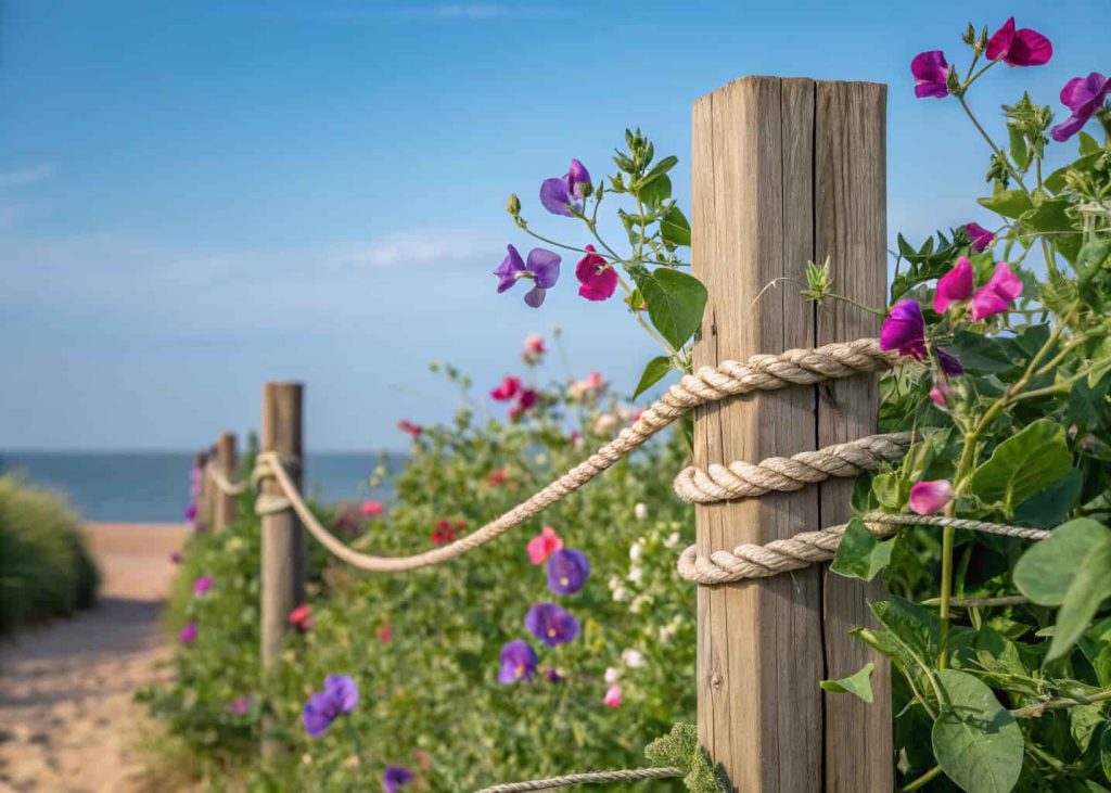 A coastal garden rope and wooden post trellis with colorful sweet peas climbing across it, blue sky background, relaxed beach garden aesthetic, natural textured photography style.