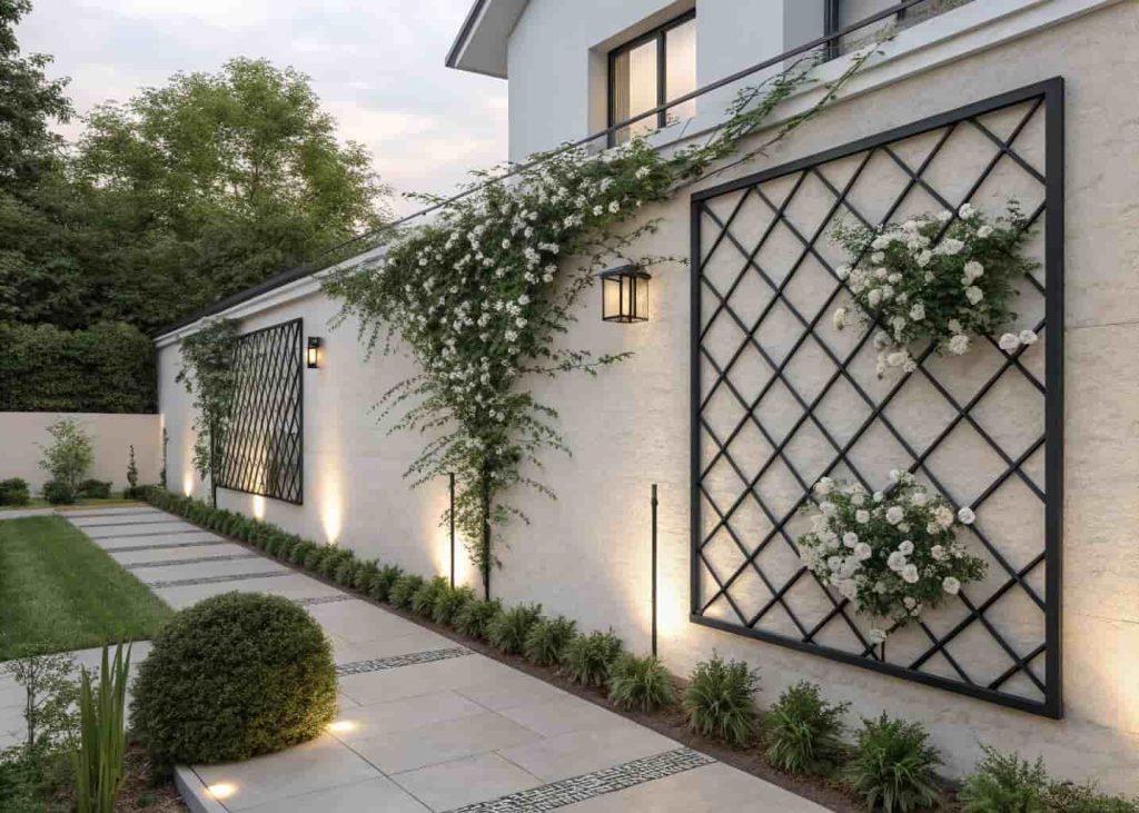 A black diamond crisscross wooden trellis panel on a light grey garden wall with climbing white jasmine growing through it, modern garden design, crisp clean lighting, architectural photography.