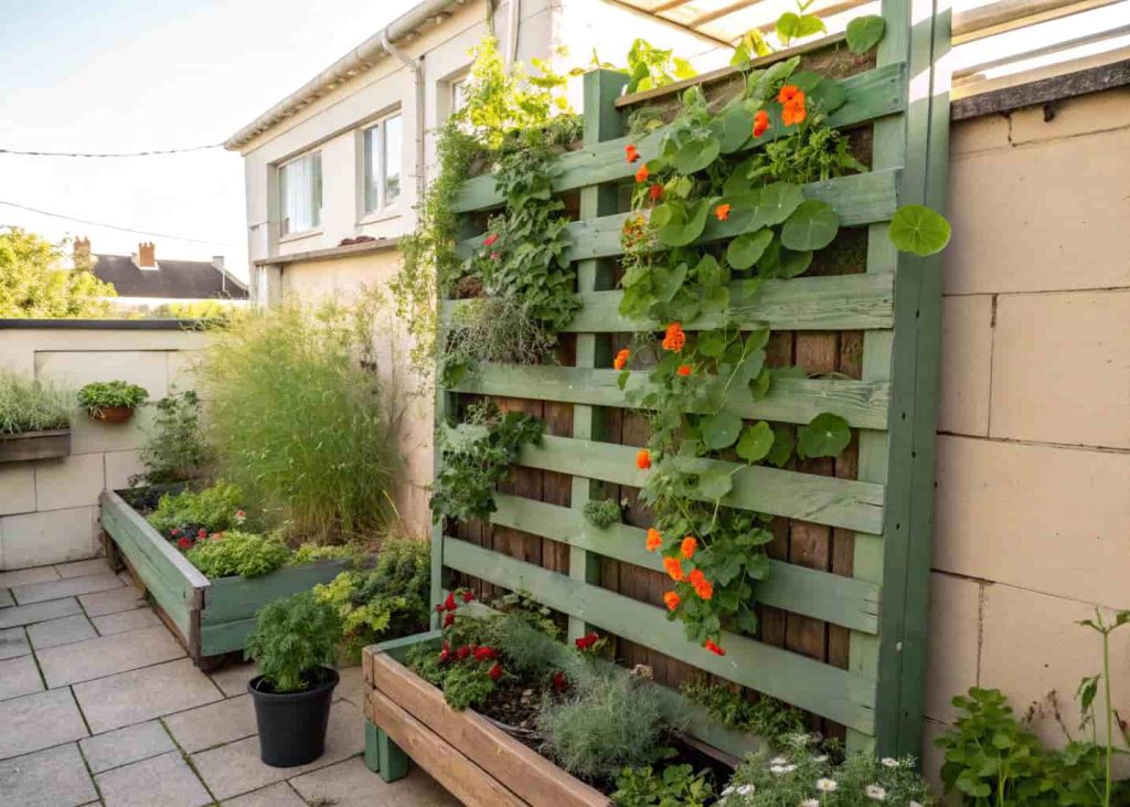 A repurposed wooden pallet trellis painted sage green in a small urban garden with climbing herbs and nasturtiums growing through it, bright natural light, eco-friendly garden style, warm photography.
