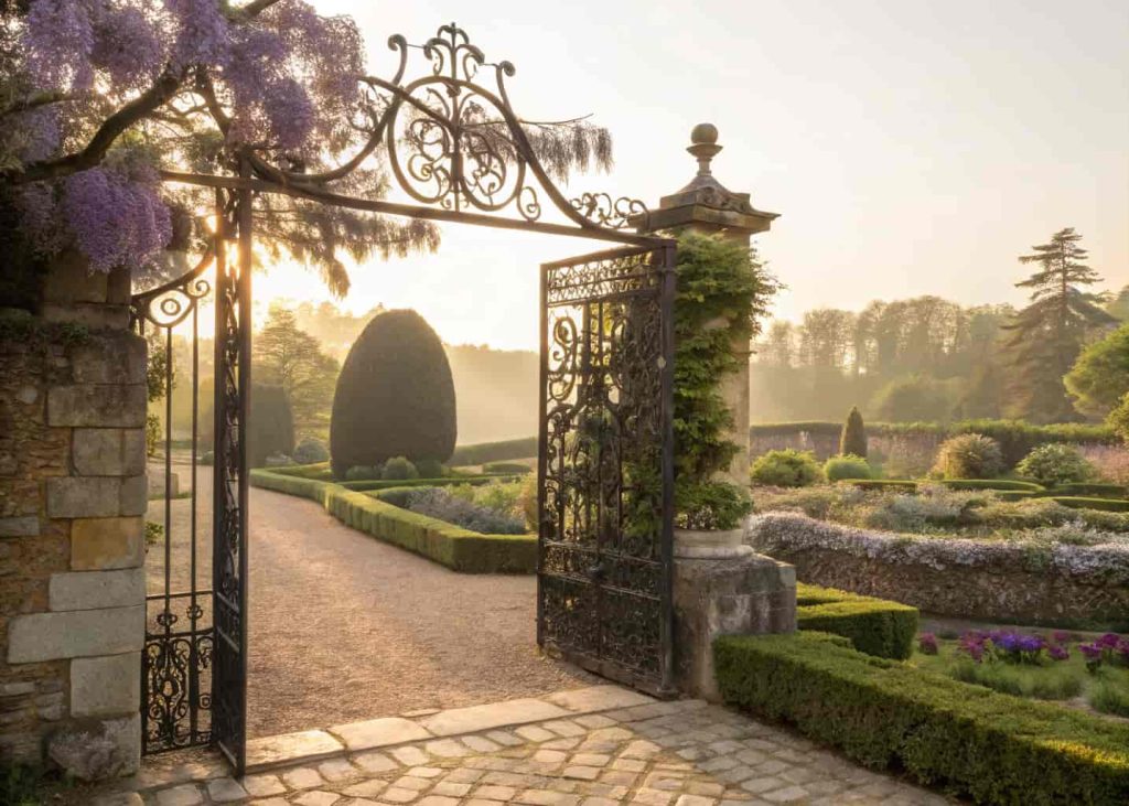 An ornate antique black wrought iron gate trellis overgrown with lavender wisteria in a formal European garden, stone pathway, golden afternoon sunlight, romantic garden photography.