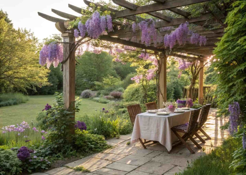 A wooden pergola trellis covered in cascading purple wisteria over an outdoor dining table set in a lush garden, dappled sunlight filtering through, romantic summer atmosphere, beautiful editorial photography.