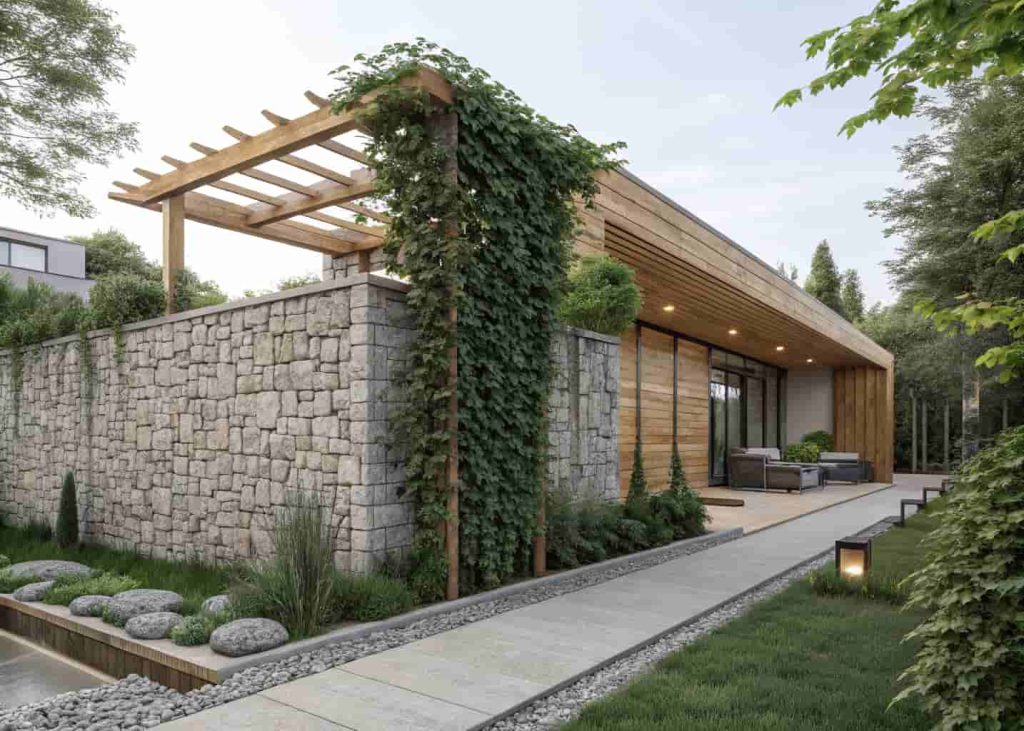A modern garden gabion stone wall with a wooden trellis extension above it covered in green ivy, contemporary landscape design, natural stone textures, clean architectural garden photography style.