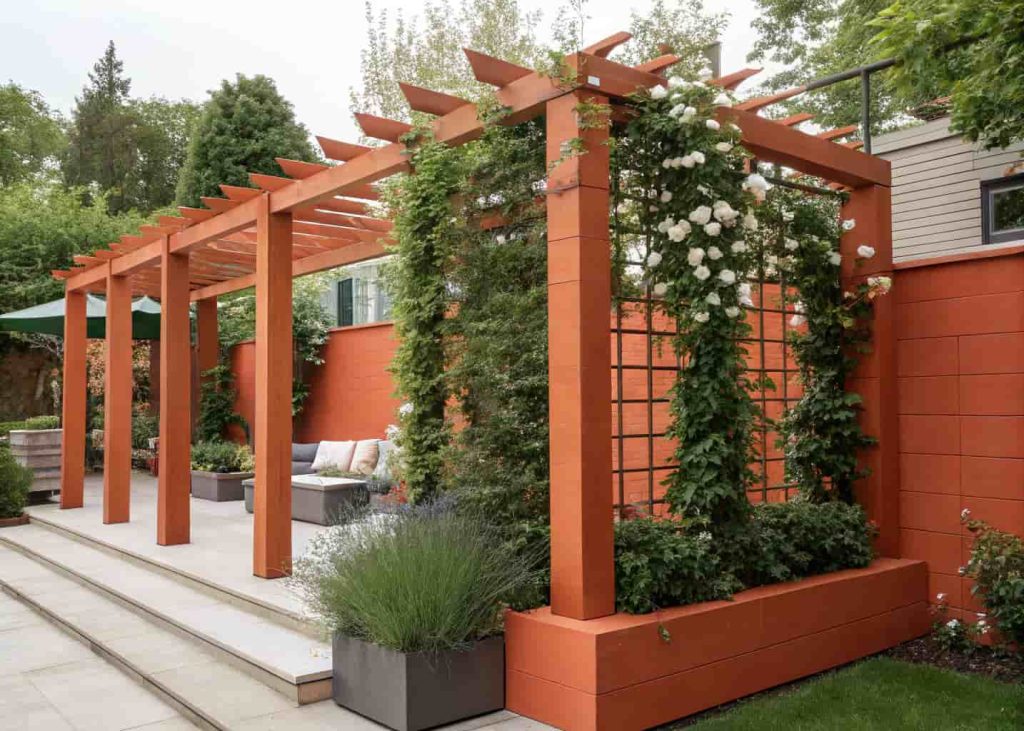 A bold terracotta-orange painted wooden trellis in a contemporary garden with climbing green vines and white flowers against it, styled garden photography, warm vibrant colors, modern outdoor design aesthetic.
