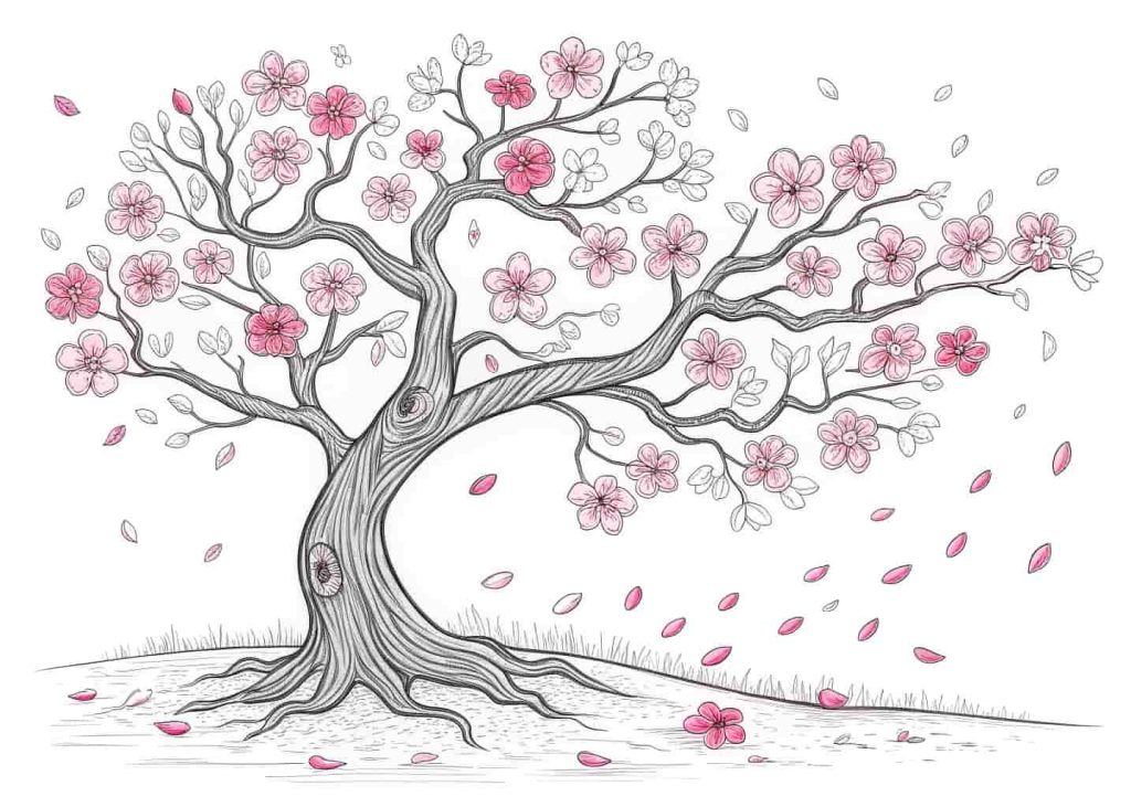 A beautiful cherry blossom tree coloring page with detailed branches full of soft petal flowers, falling petals around the base, clean black outlines on white background, printable style, suitable for all ages.