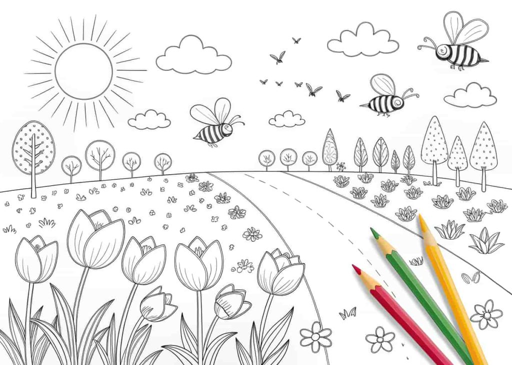 A spring garden coloring page filled with tulip flowers in rows, butterflies and bees flying above, sunshine in the sky, clean black line art on white background, simple and charming design for kids and adults.