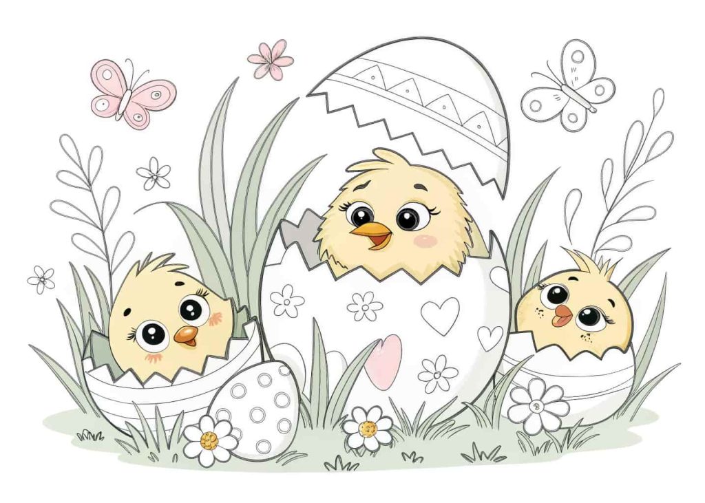 Cute baby chicks hatching from Easter eggs coloring page, fluffy chicks peeking out from cracked eggs, surrounded by spring flowers and grass, adorable cartoon style, clean black outlines on white background, great for kids.