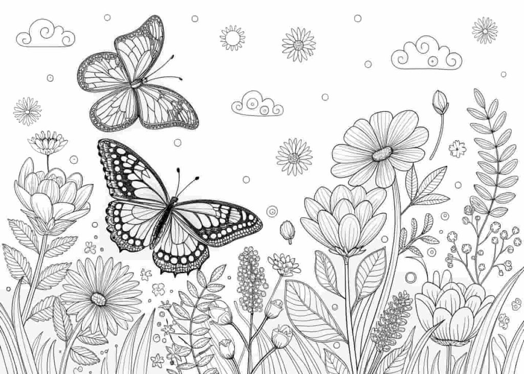 A butterfly garden coloring page with multiple butterflies of different species flying through a flower garden, intricate wing patterns, detailed floral background, black line art on white background, suitable for older kids and adults.