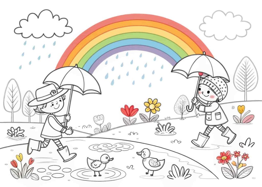 Spring rain and rainbow coloring page with children playing under colorful umbrellas, a big rainbow in the sky, ducks in puddles, blooming flowers on the sides, happy and cheerful scene, clean black outlines on white background.