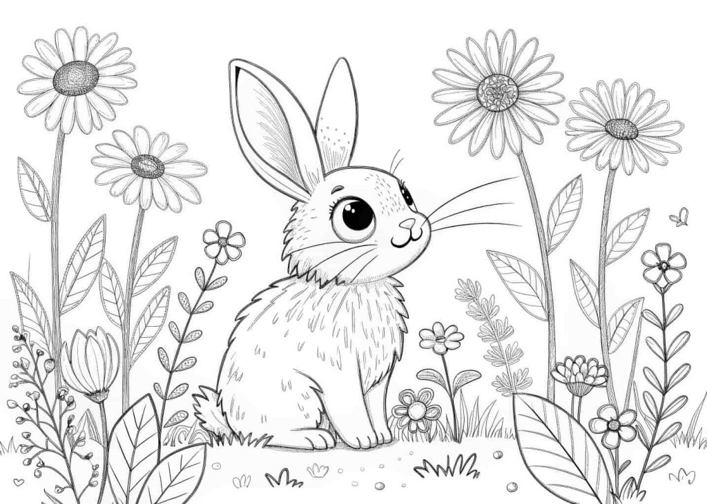 An adorable bunny sitting in a wildflower field coloring page, fluffy bunny with big eyes and long ears, surrounded by daisies, sunflowers and spring flowers, soft and cute style, black line art on white background, great for all ages.
