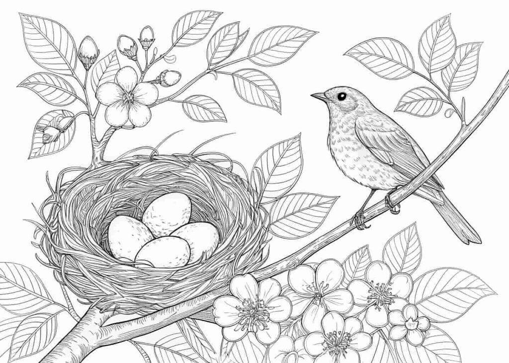 A bird nest with eggs coloring page, a robin sitting on a branch next to its nest with three eggs, blooming flowers and leaves on branches, detailed nature illustration, clean black line art on white background, peaceful and beautiful design.