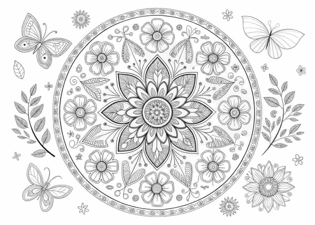 A spring-themed mandala coloring page, large circular mandala filled with flowers, butterflies, leaves and floral patterns, intricate symmetrical design, black line art on white background, perfect for adult coloring and relaxation.