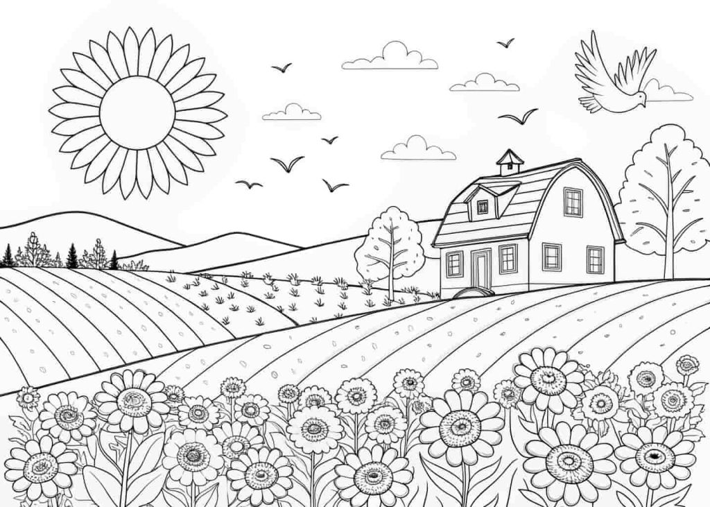 A sunflower field coloring page with rows of large sunflowers under a sunny sky, a farmhouse in the background, birds flying overhead, cheerful and warm scene, clean black outlines on white background, suitable for all ages.