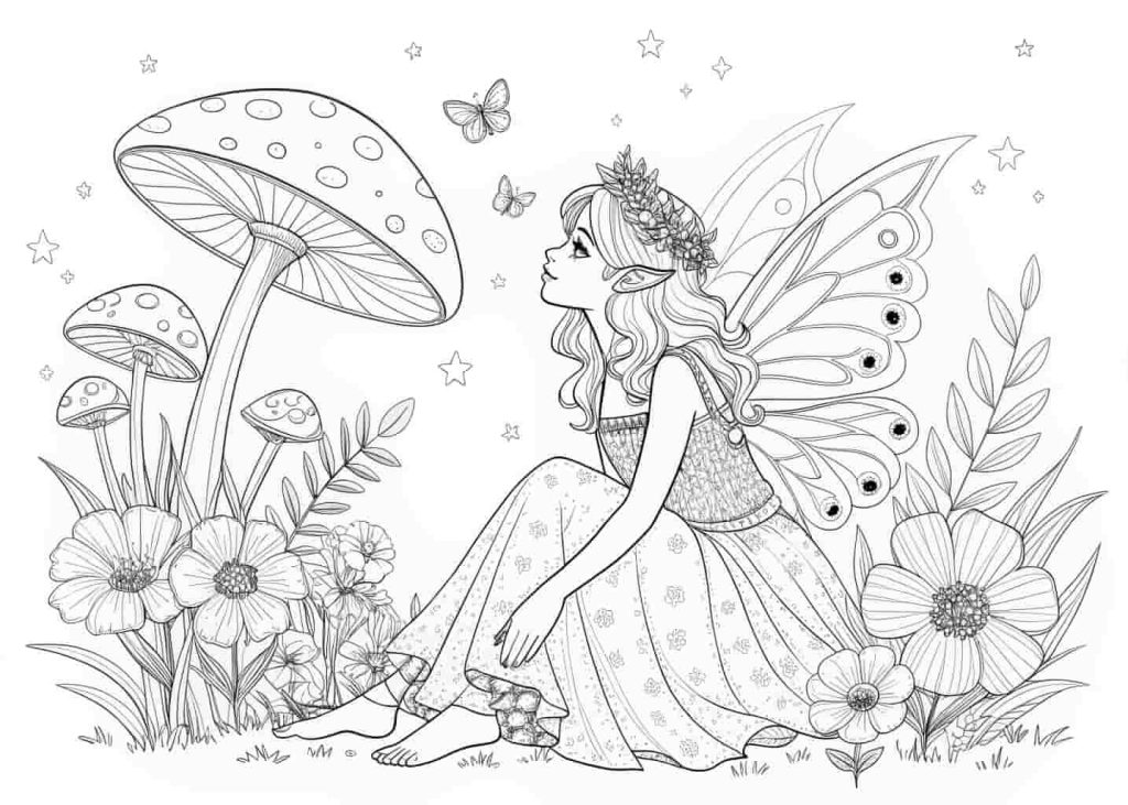 A spring fairy coloring page, a beautiful fairy with delicate wings sitting among giant flowers and mushrooms, wearing a flower petal dress, magical sparkles and butterflies around her, fantasy style, black line art on white background, enchanting and detailed.