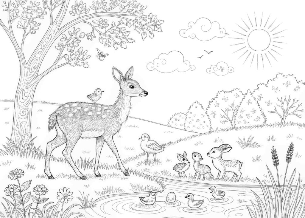 A spring animals family coloring page, mother deer with fawn, rabbit family, and ducklings by a pond in a sunny meadow, warm and heartwarming scene, detailed animal illustrations, black line art on white background, perfect for young children.