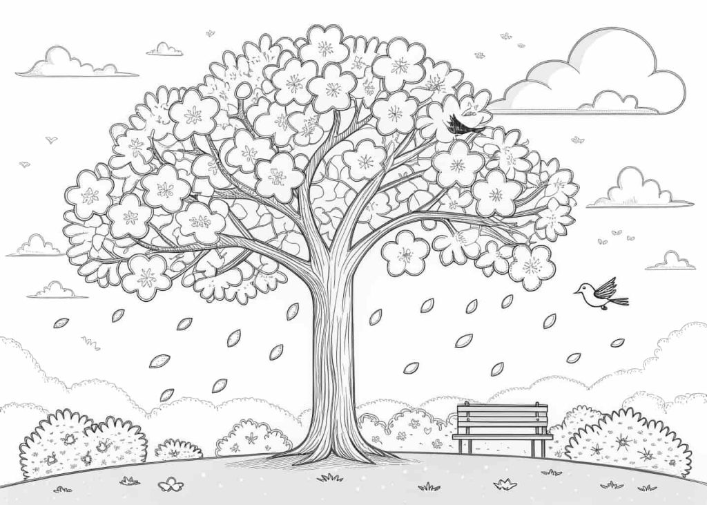 A simple line art illustration of a large cherry blossom tree in full bloom, with soft petals falling gently to the ground, a clear sky in the background, birds sitting on branches, and a peaceful park bench underneath the tree. Coloring book style, black and white outlines only, easy to color.
