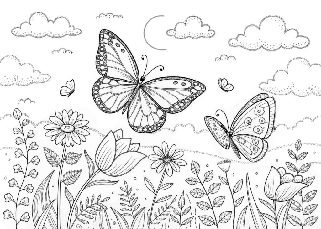 A simple line art coloring page showing a butterfly garden with three or four large butterflies flying over flowers like daisies and tulips. The butterflies have detailed wing patterns, surrounded by leaves and soft clouds. Coloring book style, black and white outlines only, beginner friendly.