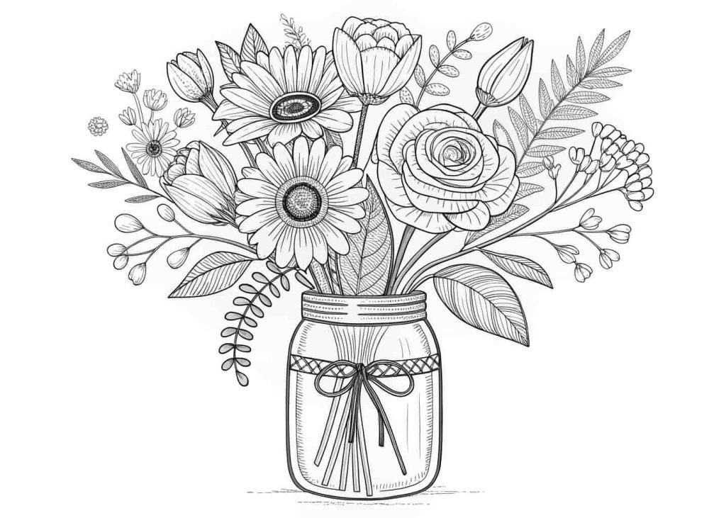 A clean line art illustration of a lovely spring flower bouquet in a mason jar, featuring roses, daisies, sunflowers, and tulips with leaves and ribbon tied around the stems. Simple coloring book style, black and white outlines, suitable for all ages.