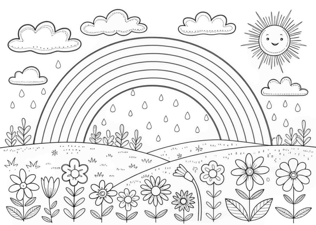  A simple and cheerful line art coloring page showing a large rainbow in the sky with fluffy clouds, raindrops on one side, sunshine on the other, and a field of blooming flowers below. Coloring book style, black and white outlines, easy and colorful for all ages.