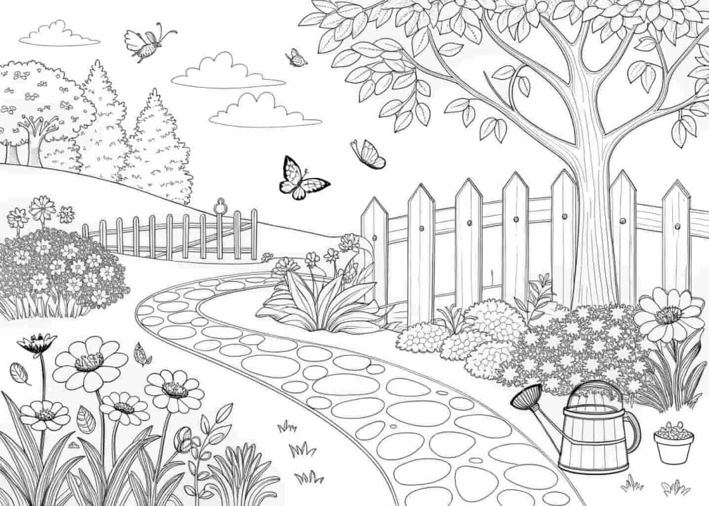 A detailed but clean line art illustration of a beautiful spring garden with flower beds, a winding garden path, a wooden fence, butterflies, a small bird bath, and a watering can. Coloring book style, black and white outlines, suitable for older kids and adults.