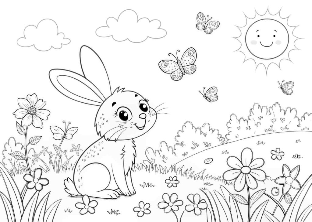 A sweet and simple line art coloring page of a cute cartoon bunny sitting in a field of flowers with butterflies flying around, grass in the background, and a smiling sun in the corner. Coloring book style, black and white outlines only, perfect for kids and beginners.