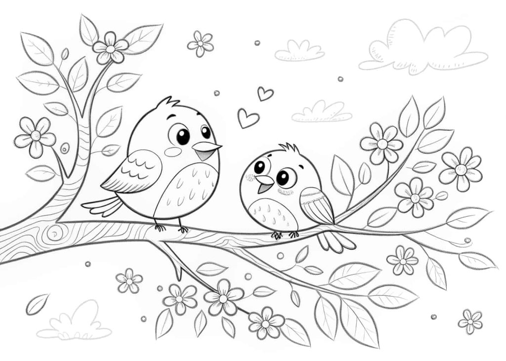 A simple and charming line art coloring page featuring two or three cute birds sitting on a tree branch with leaves and small spring flowers blooming around them. Coloring book style, black and white outlines, easy to color for children and adults alike.